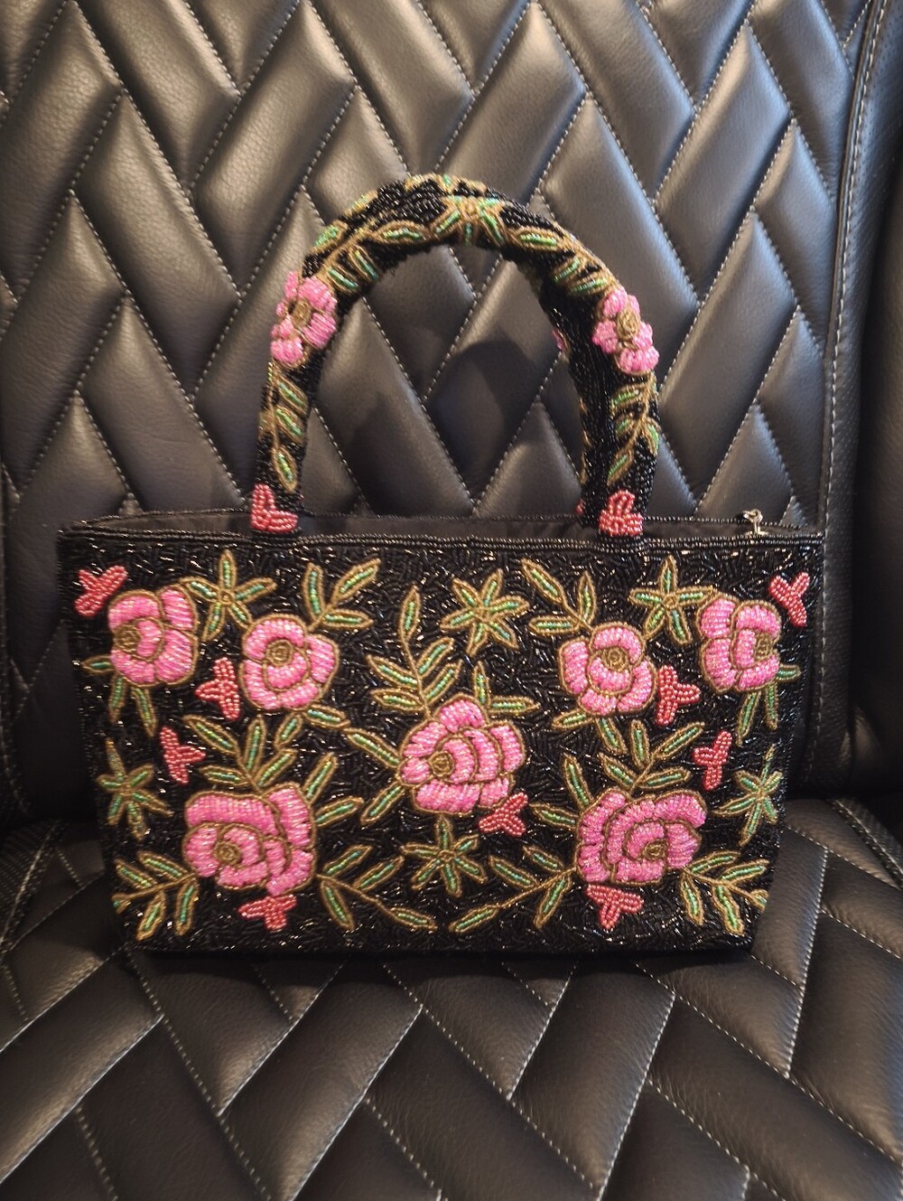 Vintage Embroidered Pink Floral Glass Beaded Top-Handle Bag